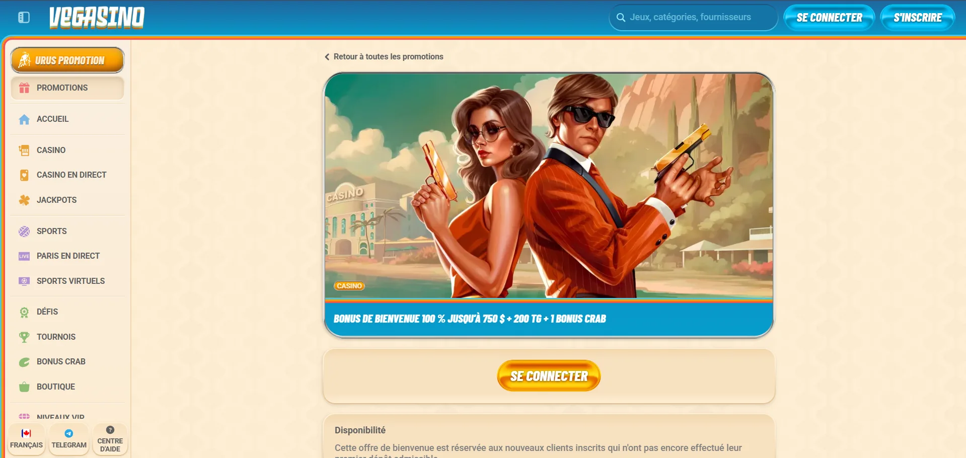 Vegasino Casino : bonus de bienvenue